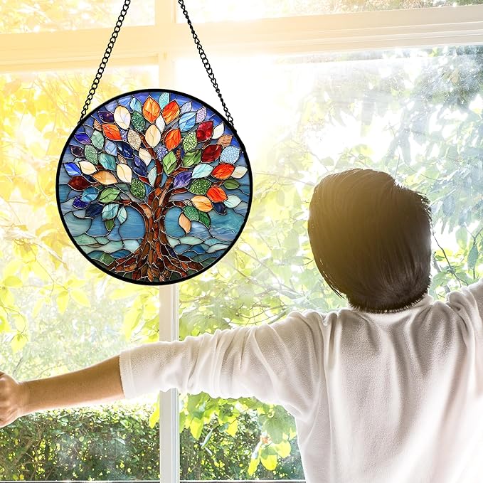 DASTOLL Stained Glass Window Hanging, Colorful Tree of Life Sun Catchers Glass - Image 3