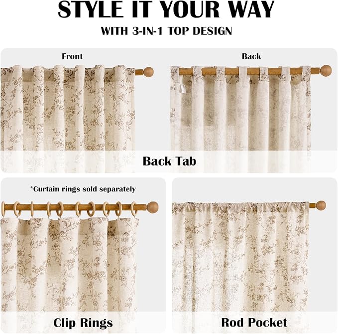Taupe Vintage Floral Linen Curtains Farmhouse 38W X 96L 2 Panels | Elisa Series - Image 4
