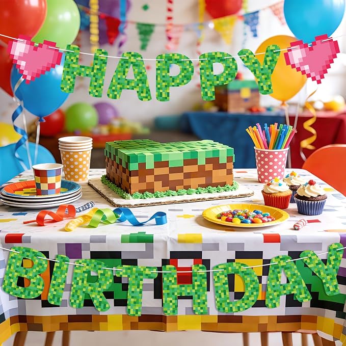 Pixel Happy Birthday Banner TNT Pixel Birthday Party Decorations Miner Video - Image 4
