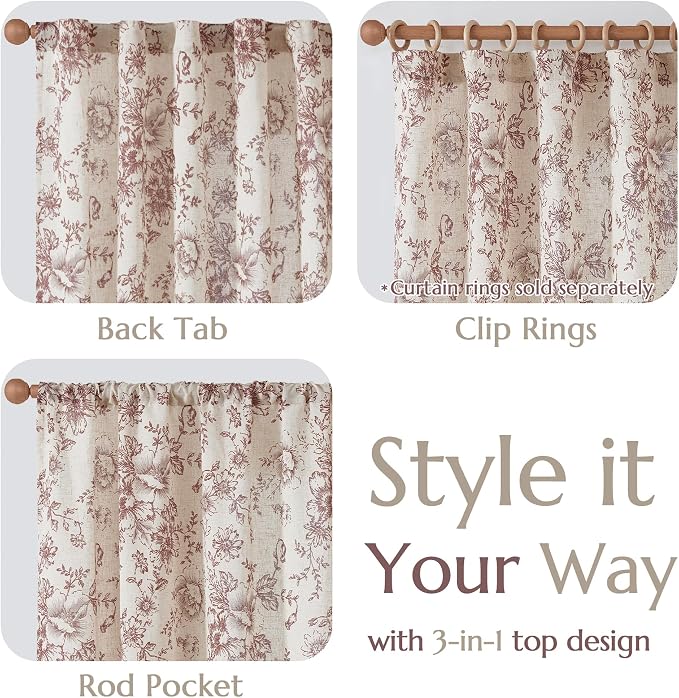 jinchan Red Floral Linen Curtains 90 Inch Vintage Back Tab 2 Panels | Light - Image 4