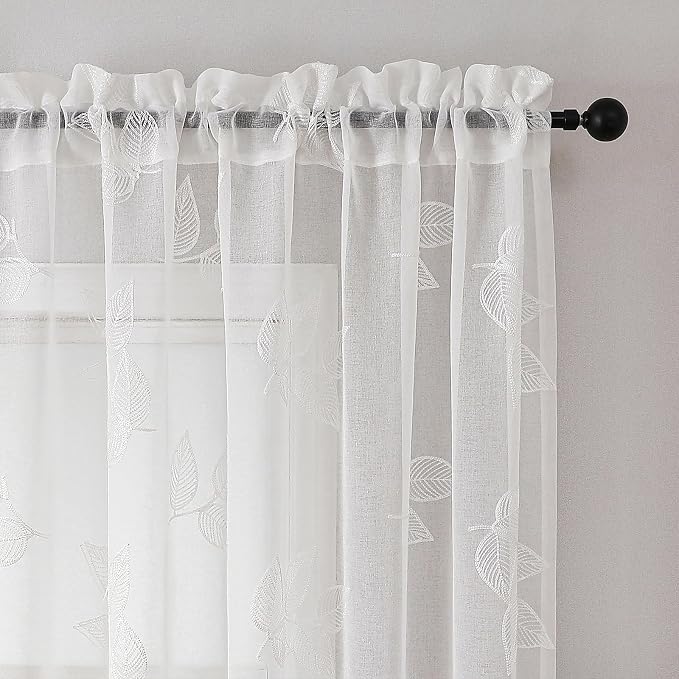 White Sheer Curtains Leaf Embroidered 84 Inches Long 2 Panels | Light Filtering - Image 3