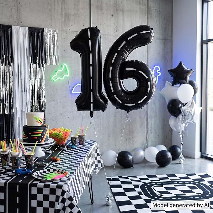 Black and White Stripes Number 16 Balloon 40 Inch, Road Finish Numeral | - Image 3