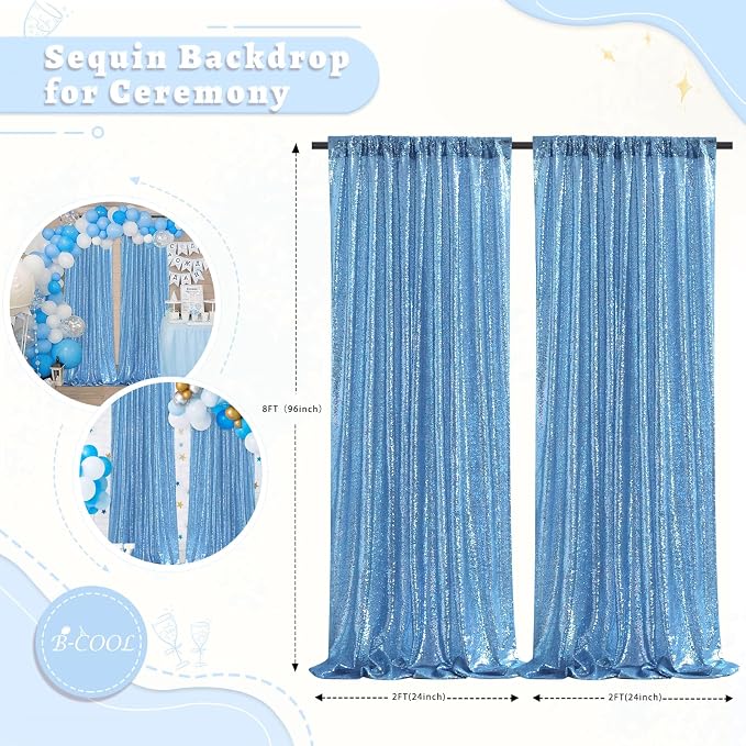 Baby Blue Sequin Backdrop Curtains Party Photo Glitter Drapes 2 Pcs 2FTx8FT | - Image 3