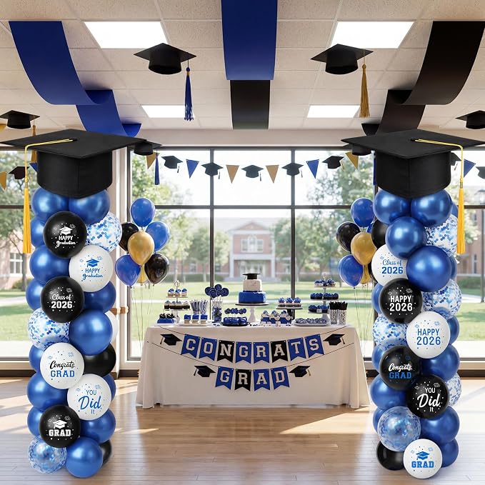 Thenshop 2 Sets Graduation Balloon Column Stand Kit 2026- Black Blue Balloon - Image 5