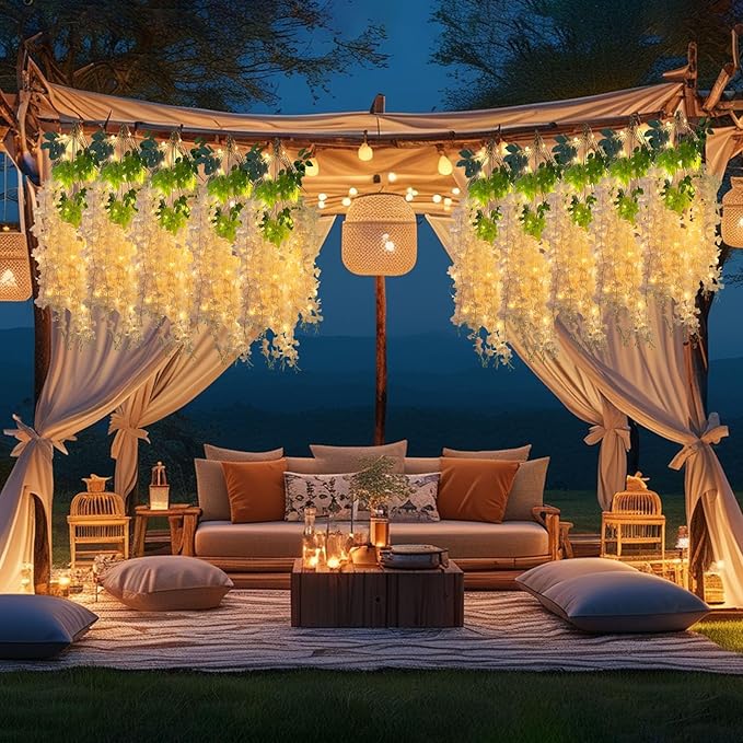 12 Pack Champagne Wisteria Hanging Flowers Garland with Lights, 3.44 Feet Artificial Flower Vines, Fake Wisteria, Artificial Vines Hanging Garland for Backdrop Outdoor Patio Garden Decor