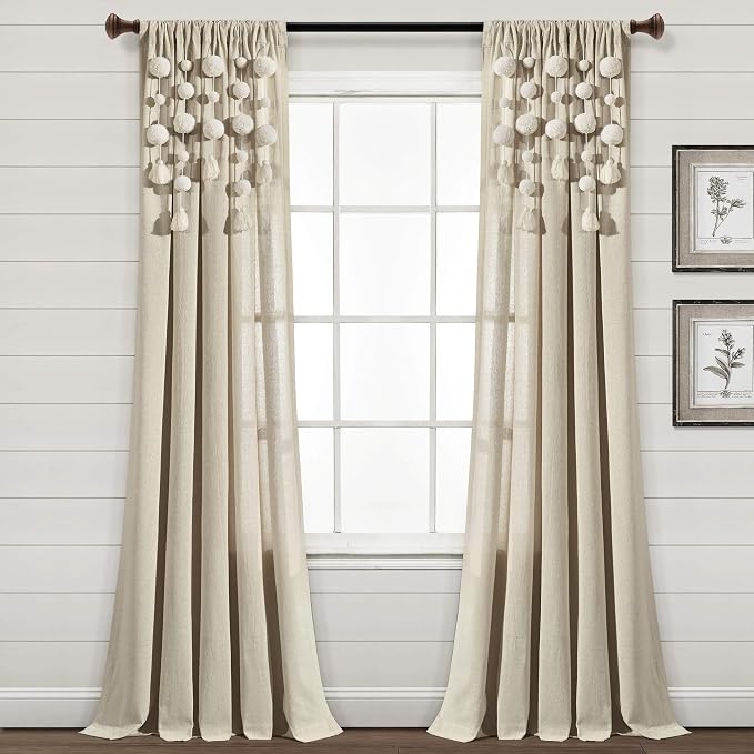 Lush Decor Boho Pom Tassel Window Curtain, 84 x 52 in, Dark Linen by LushDecor