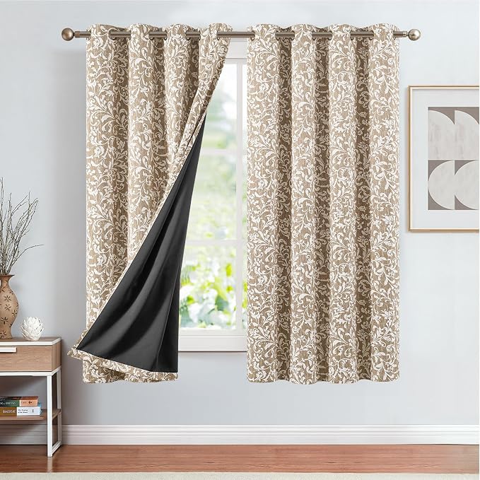 Taupe Floral 100% Blackout Curtains 63 Inch Vintage Grommet 2 Panels | Room - Image 2
