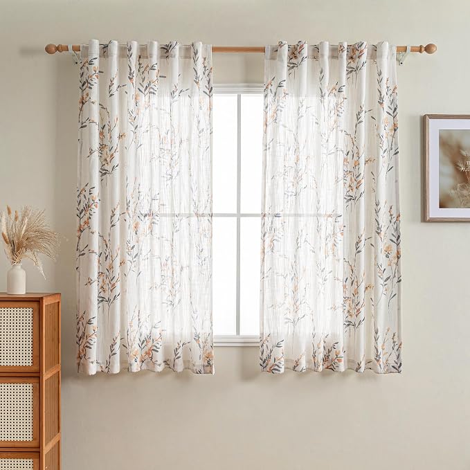 MYSKY HOME Bedroom Curtains 63 Inch Length 2 Panels Set Linen Look Semi Sheer - Image 2