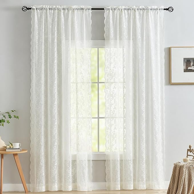 FINECITY Ivory Lace Kitchen Curtains Rustic Floral W42 x L45 Inch 2 Panels | - Image 8