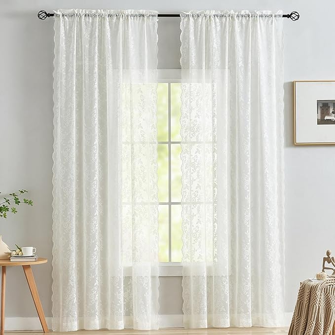 FINECITY Ivory Lace Curtains Rustic Leaf Floral 42 x 84 Inch, 2 Panels | Rod - Image 2