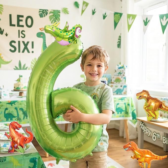 Dinosaur 6th Birthday Decorations 40 Inch Giant Green Number 6 Foil Balloon | - Image 7