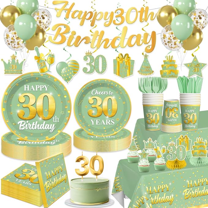 216pcs Yingoto Green Gold 30 Birthday Decorations Tableware Set, 25 Serves | No by Yingoto