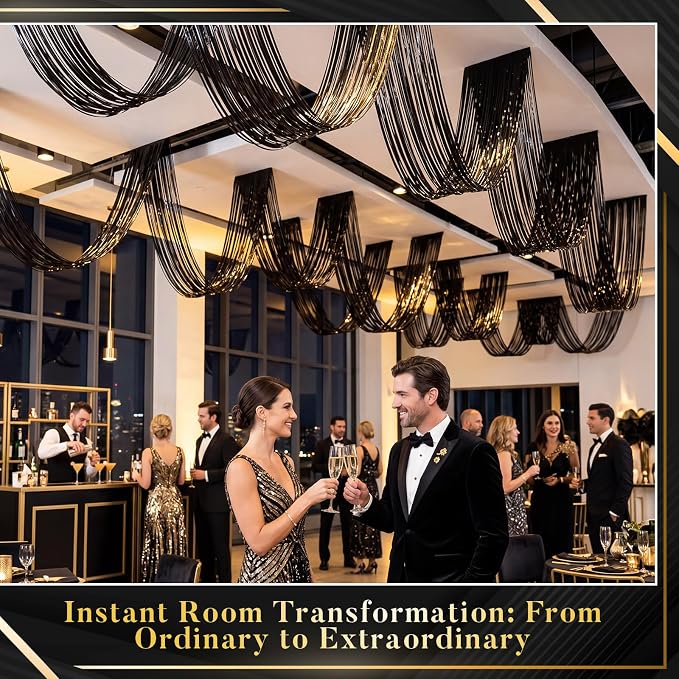 8 Pcs 15ft Black Metallic Foil Ceiling Fringe Curtains, Party Decor Fringe - Image 3