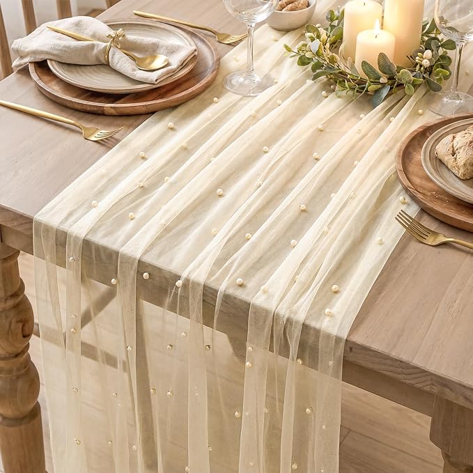 Artoid Mode 6PCS Pearl Champine Gauze Table Runner 120 Inch 10FT, Seasonal - Image 5