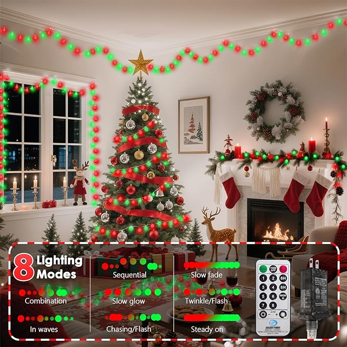 43FT 100LED Connectable Christmas String Lights Indoor Outdoor - Red and Green Fairy Lights Plug in with Remote & 8 Modes, Globe Twinkle Light for Christmas Decorations Bedroom Room Tree Party