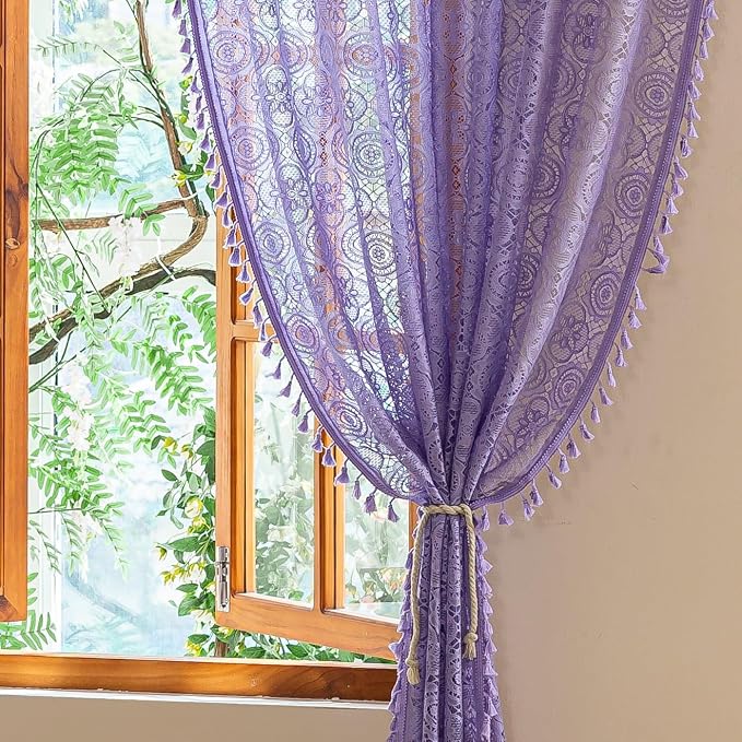 YJ YANJUN Boho Lace Curtains, Light Purple Sheer Panels, 59x84 inch, Pair | by YJYANJUN