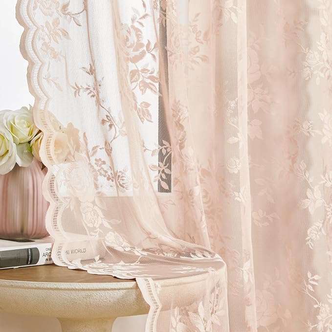 Blush Pink Lace Curtains 108 Inches Long 2 Panels Romantic Floral Sheer Curtains - Image 4