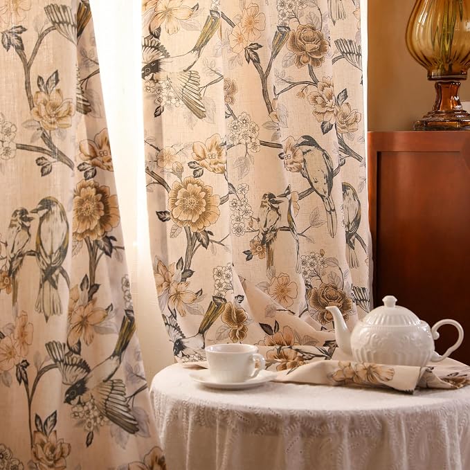 Designer French Linen Printed Curtains, 2 Panels, Bird and Flowers Pattern Draps - Image 8