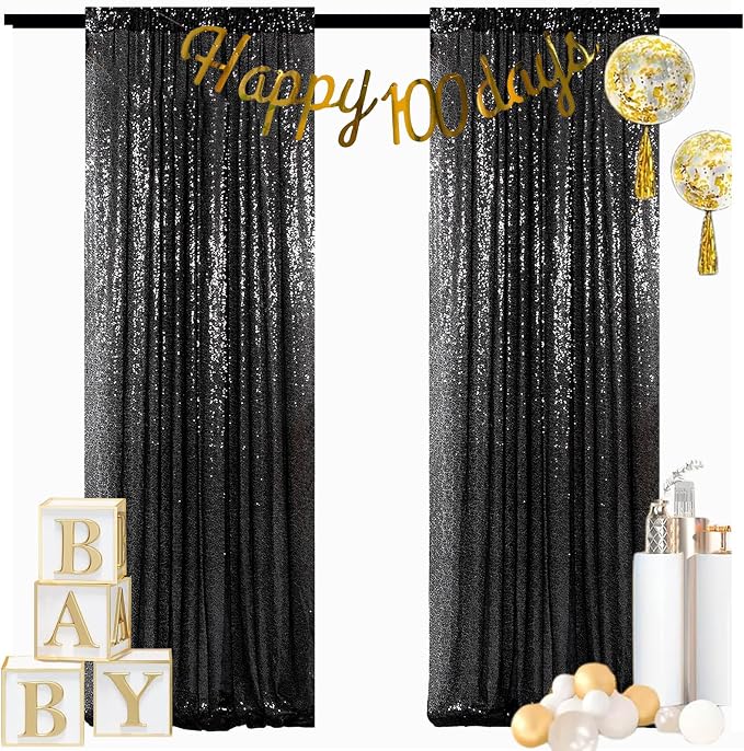 ShinyBeauty Black Sequin Curtains 2 Panels 14FTx7FT | Shimmer Photo Backdrops - Image 2