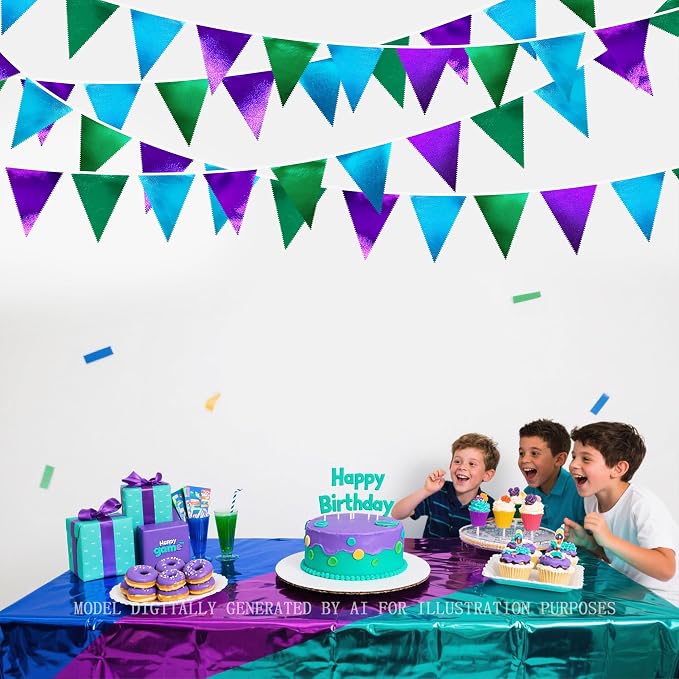Blue Green Purple Party Decorations Metallic Fabric Triangle Pennant Banner - Image 6