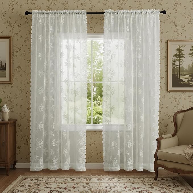 Kotile Ivory Lace Curtains for Living Room Rustic Floral 2 * 52x108 Inch | Rod - Image 9
