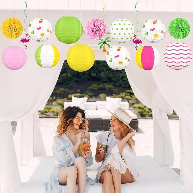 16Pcs Summer Party Decorations Paper Lanterns Pom Poms Hanging Swirls - Image 6