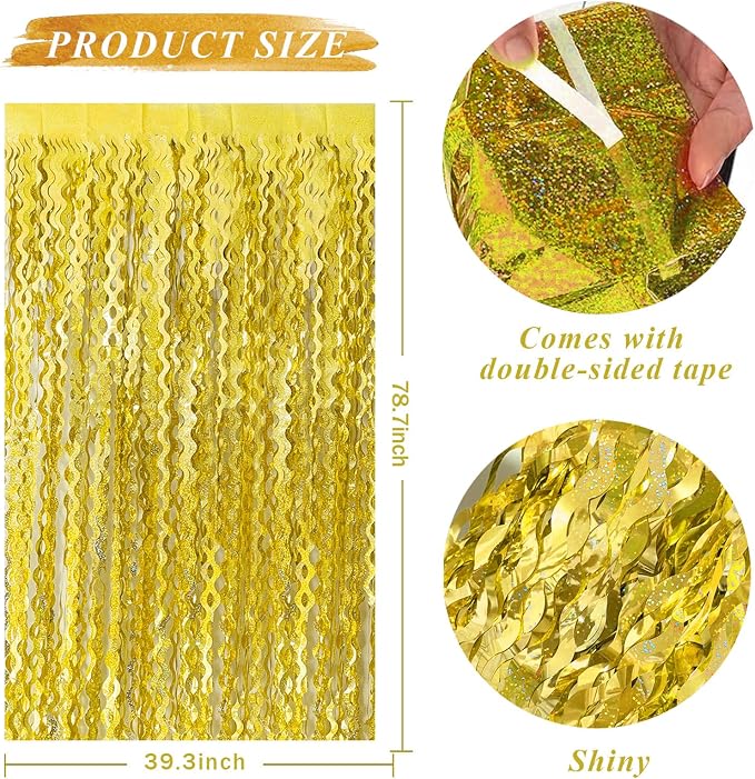 2 Pack Gold Fringe Curtain Backdrop Tinsel Streamers Birthday Party Decorations - Image 2