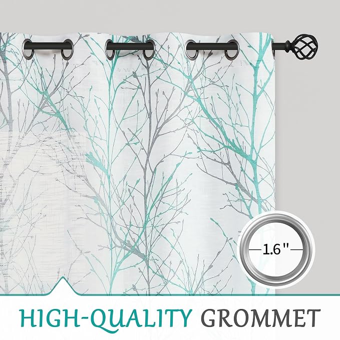 FMFUNCTEX Linen Aqua Blue White Semi Sheer Print Curtains 63 Inch 2 Panels | - Image 6