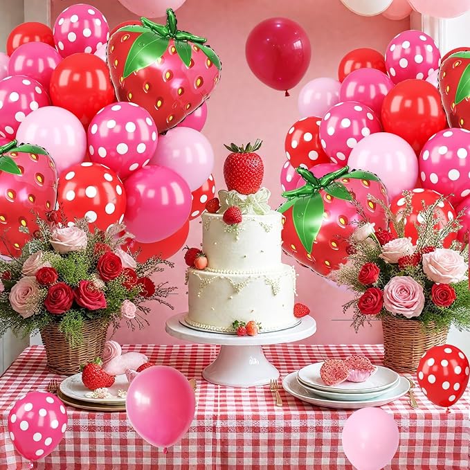 Strawberry Balloons, 12 Inch Red Macaron Pink Hot Pink Dot Balloons - Image 7