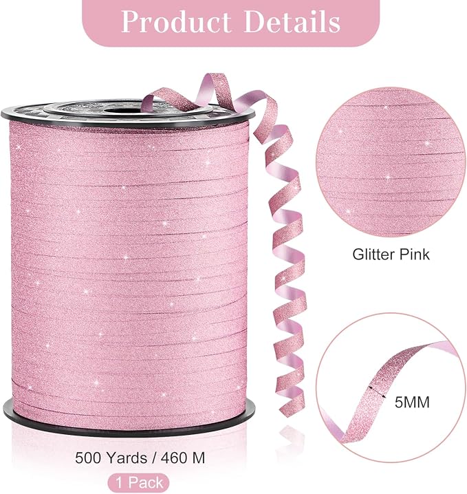 Pink Curling Ribbon, 500 Yards, 1/5 Inch | Glitter, - Image 2