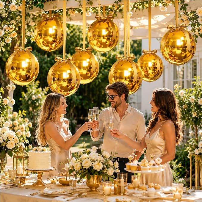 Gold Round Foil Balloons with Satin Bows and Ribbon - Image 7