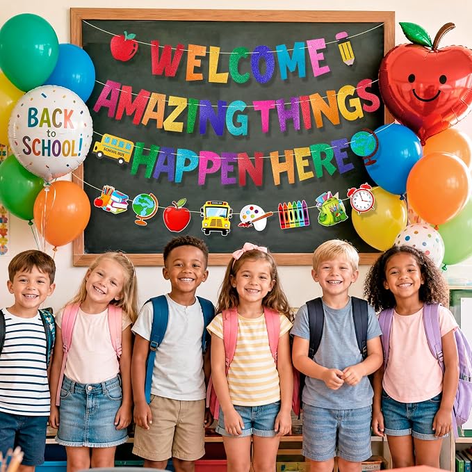 HOWAF Glitter Welcome Amazing Things Happen Here Banner, Back to School Garland - Image 6