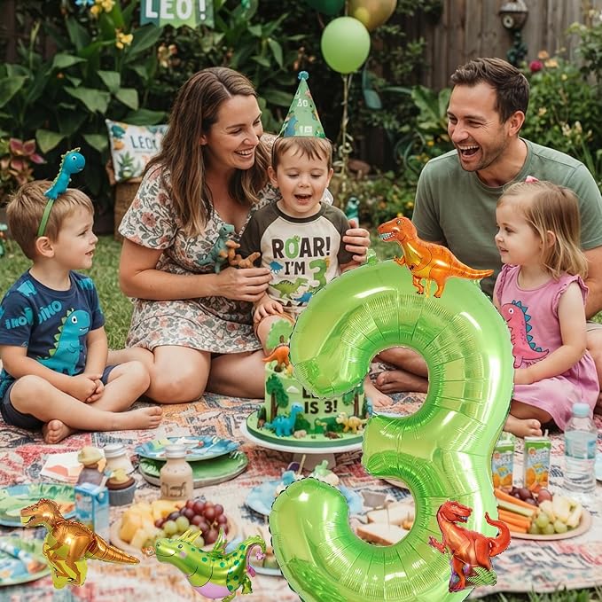 Dinosaur 3rd Birthday Decorations 40 Inch Giant Green Number 3 Foil Balloon | - Image 4