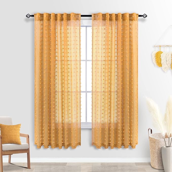 Gold Yellow Pom Pom Textured Curtains 63 Inch Length - Image 2