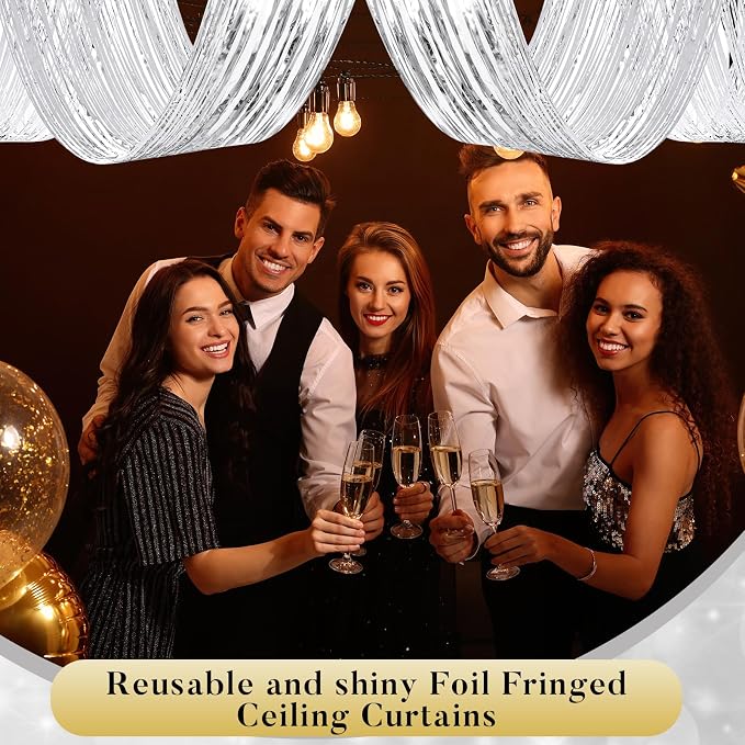 4 Pcs 15ft Silver Metallic Foil Ceiling Fringe Curtains, Party Decor Fringe - Image 6