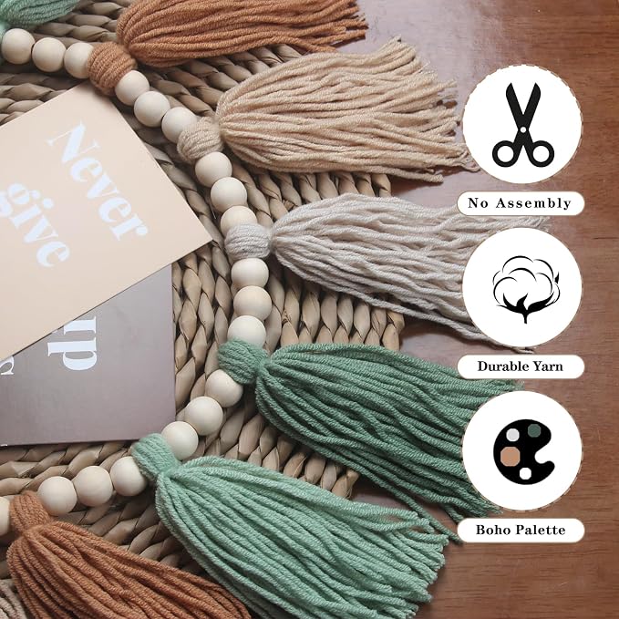 Sage Green Brown Boho Yarn Wood Bead Tassel Garland Wall Hanging Decor Neutral - Image 7