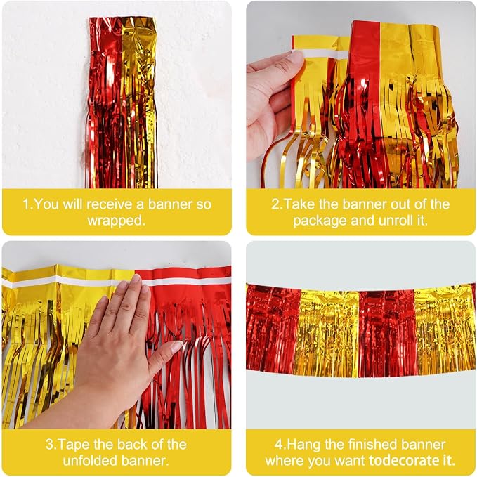 BEISHIDA Red Gold Fringe Garland Banner 30ft Wall Tinsel Foil Streamers | 3Pack - Image 2