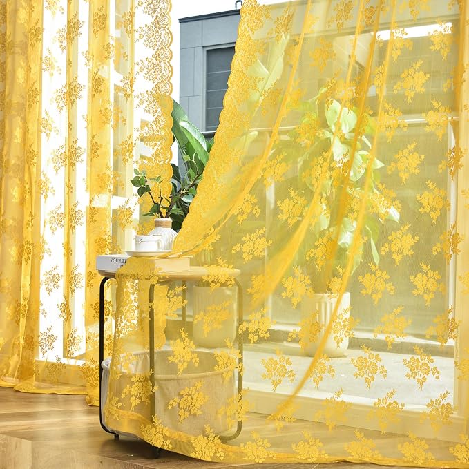 Kotile Mustard Yellow Sheer Lace Curtains Rustic Floral 52x84 Inch 2 Panels | - Image 4