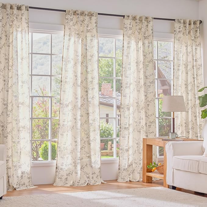 Grey Vintage Floral Linen Curtains Farmhouse 38W X 63L 2 Panels | Elisa Series - Image 6