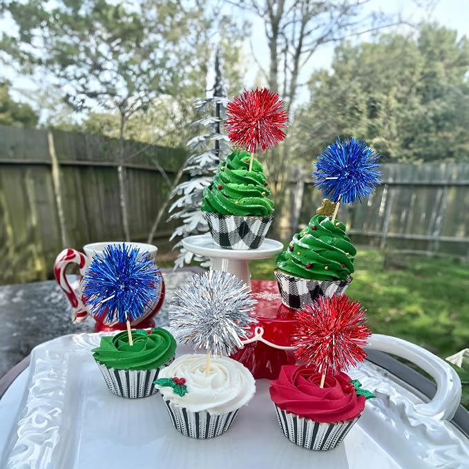 Gyufise 30Pcs Foil Firework Cupcake Toppers Sparkle Tinsel Cake Toppers Tinsel - Image 7