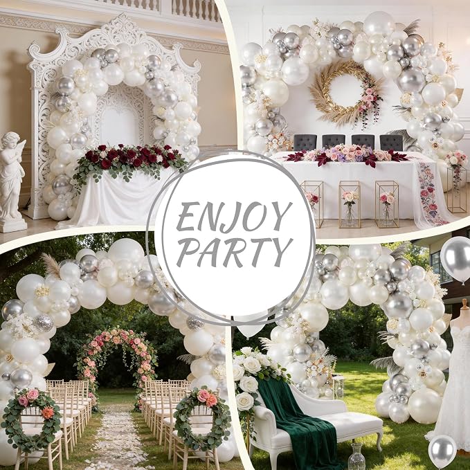 White and Silver Balloon Arch Kit, Double Stuffed Pearl Sand White Metal Silver - Image 5