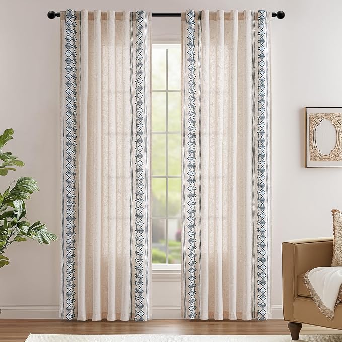 jinchan Floral Linen Curtains Embroidered Back Tab 50x84in 2 Panels Blue | - Image 2
