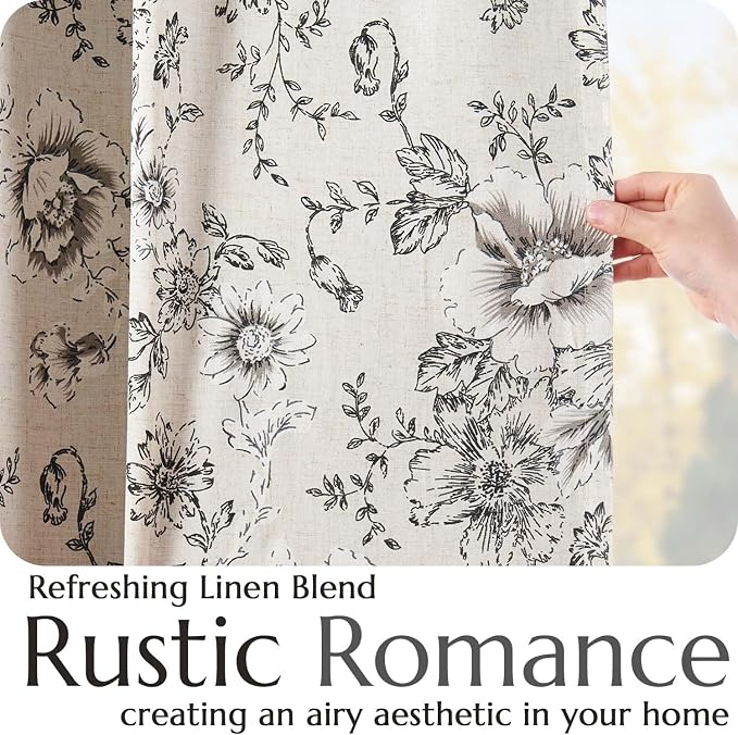 jinchan Black Floral Linen Blackout Curtains 96 Inch Back Tab 2 Panels | - Image 4