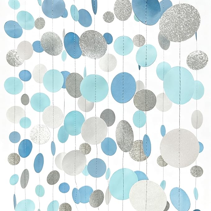Dusty Blue Silver White Polka Dots Garland Hanging Paper Circle Dot Streamer - Image 4