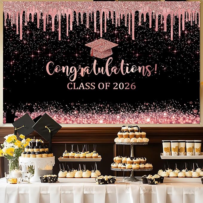 Mocsicka Black and Rose Graduation Backdrop Class of 2026 Photography - Image 2