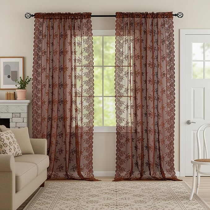 Kotile Warm Brown Floral Lace Curtains - Image 6