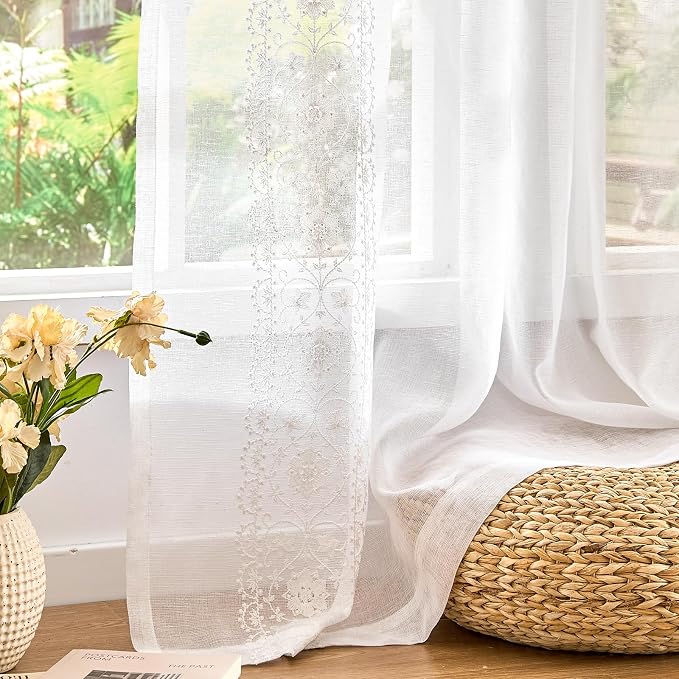 jinchan Floral Sheer Linen Curtains, Back Tab 50x96 Inch, 2 Panels White | Semi - Image 8
