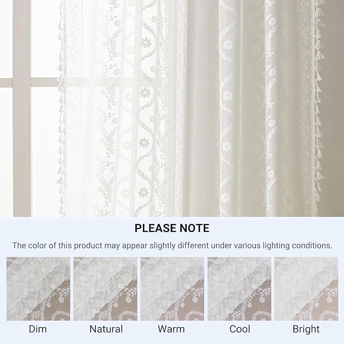WAZZIO Boho Lace Curtains 2 Panels 45 Inches -Cute Vintage Victorian Sheer - Image 8