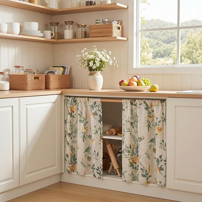 MYSKY HOME Floral Kitchen Curtains 24 Inches Linen Tier Curtains Farmhouse - Image 3