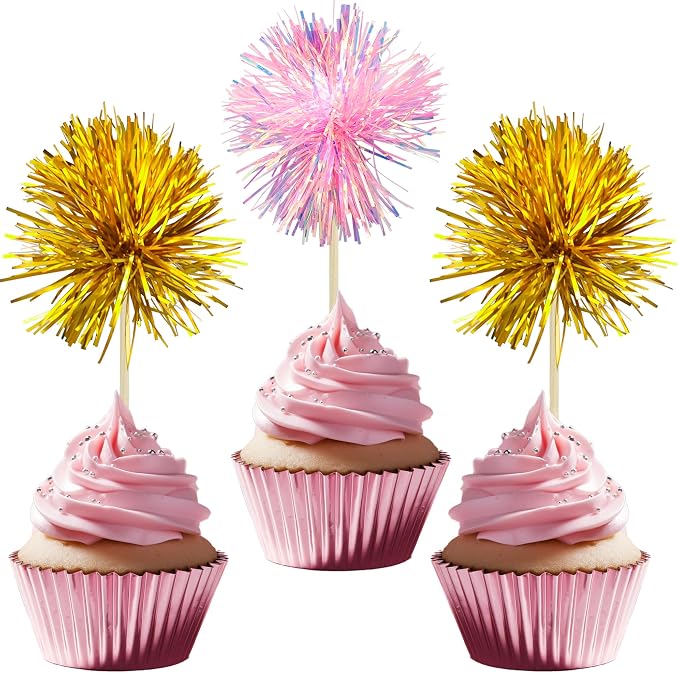 Gyufise 30Pcs Foil Firework Cupcake Toppers Sparkle Tinsel Cake Toppers Tinsel by Gyufise